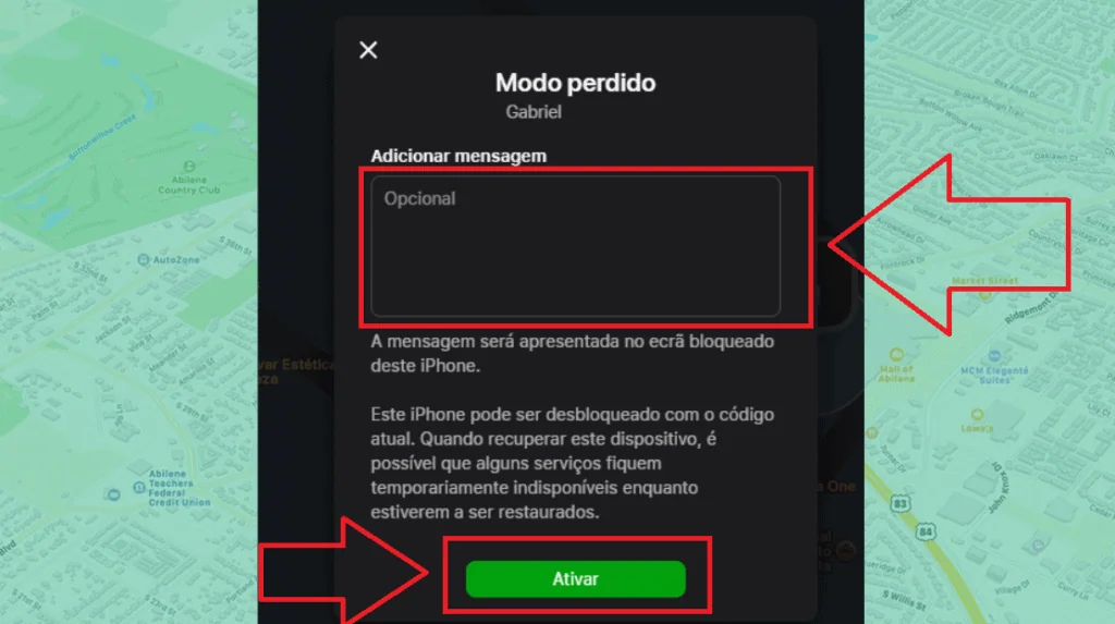 Como apagar um iphone roubado ou perdido pelo icloud Imagem de tela mostrando a ativação do modo perdido no iphone.