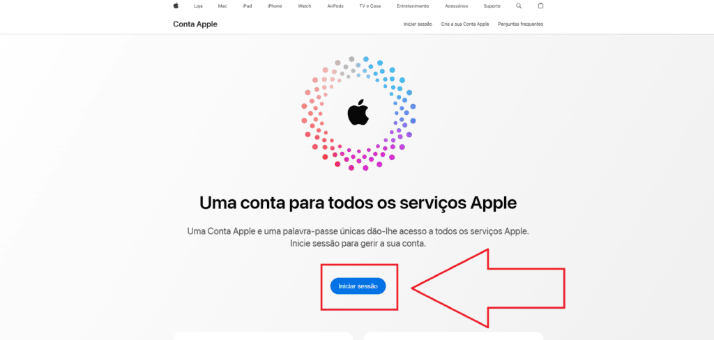Como apagar um iphone roubado ou perdido pelo icloud Imagem de tela da página de login da conta apple com botão "iniciar sessão" destacado.