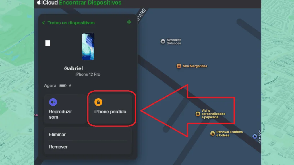 Como apagar um iphone roubado ou perdido pelo icloud Ícone de iphone perdido no icloud, mostrando opções de gerenciamento do dispositivo.