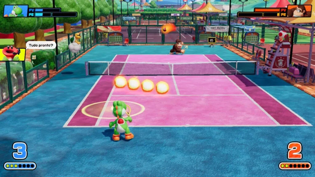 Review: mario tennis fever marca um ace no switch 2 Imagem de jogo de tênis com personagem yoshi em uma quadra colorida.
