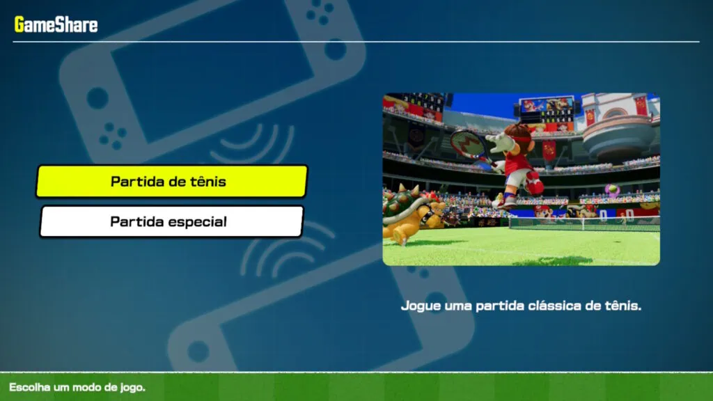 Review: mario tennis fever marca um ace no switch 2 Tela de seleção de modo de jogo em mario tennis fever no switch.