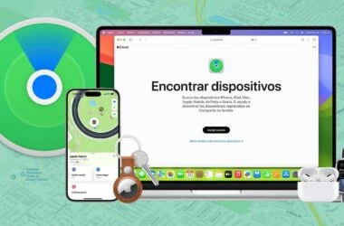 Imagem mostrando a tela de busca de dispositivos no icloud com iphone, apple watch e airpods.