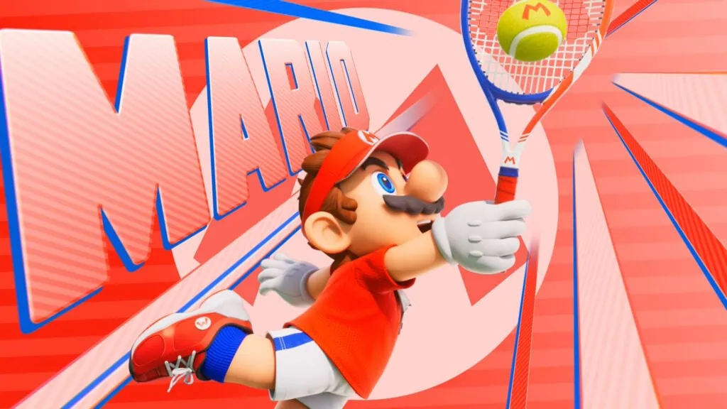 Review: mario tennis fever marca um ace no switch 2 Imagem de mario jogando tênis com raquete em cenário vibrante.