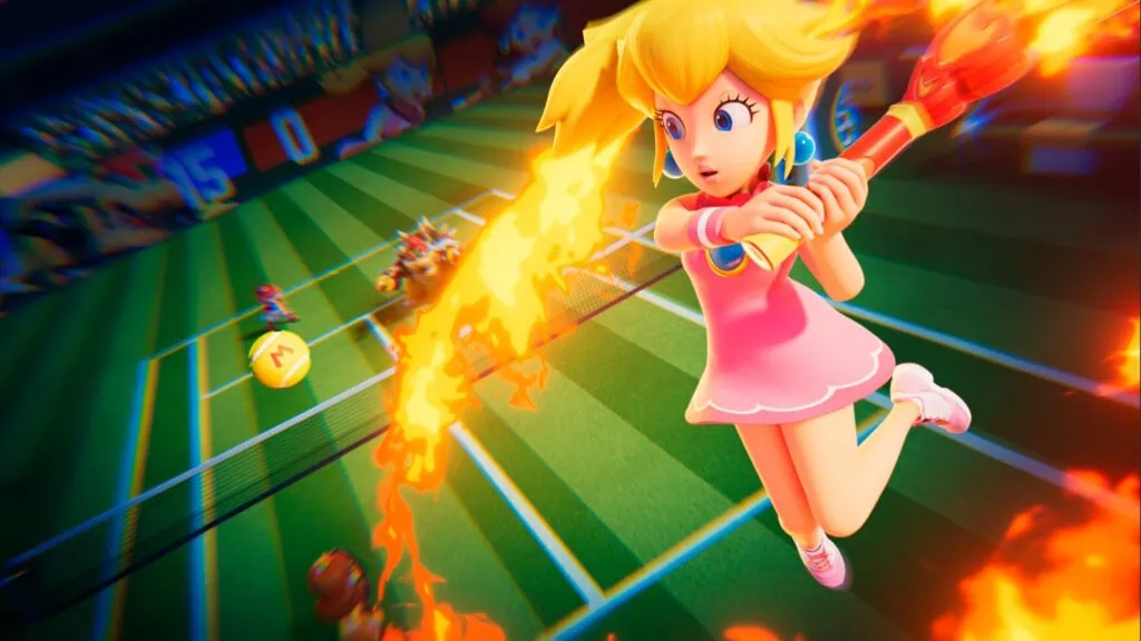 Review: mario tennis fever marca um ace no switch 2 Personagem de mario tennis com raquete em ação, cercada por fogo e efeitos dinâmicos no jogo.