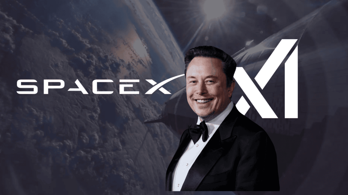 Elon musk sorrindo, com fundo do espaço e terra vista do satélite.