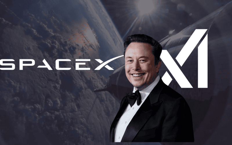 Elon musk sorrindo, com fundo do espaço e terra vista do satélite.