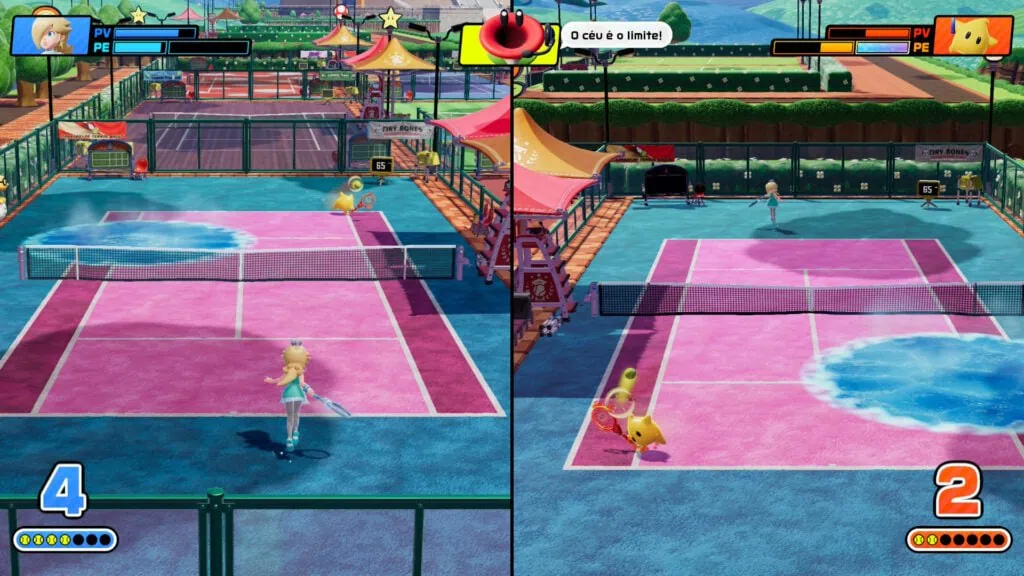 Review: mario tennis fever marca um ace no switch 2 Pista de tênis com personagens jogando em ambiente colorido e vibrante.