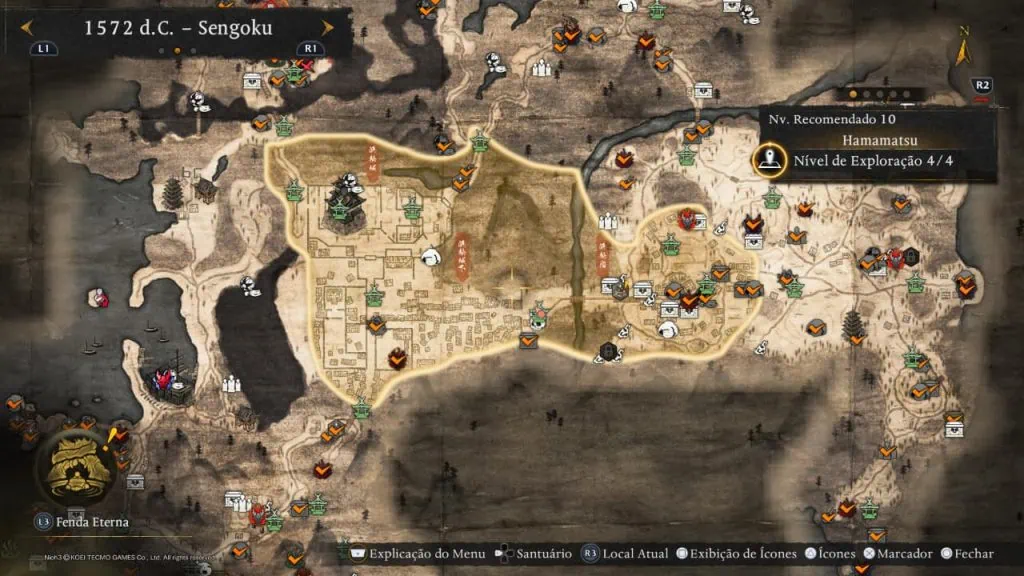 Review: nioh 3 expande a franquia com mundo aberto e combate visceral Imagem do mapa do jogo nioh 3, destacando o mundo aberto, áreas de combate e pontos de interesse.