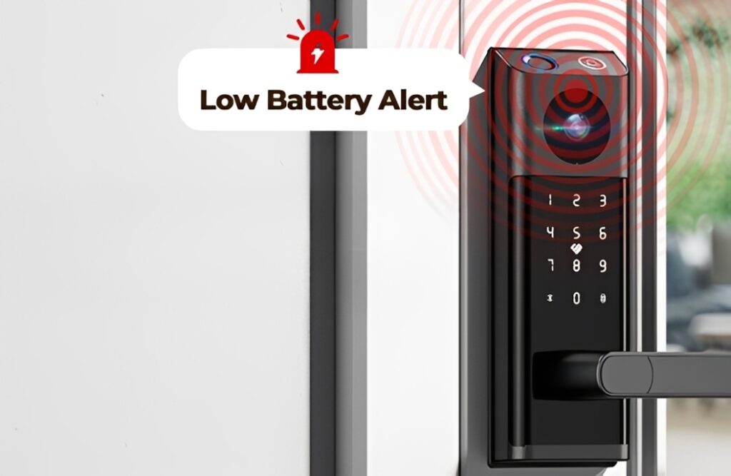 Melhores fechaduras digitais para comprar para sua casa Alerta de bateria fraca na fechadura digital com sensor de segurança e teclado numérico.