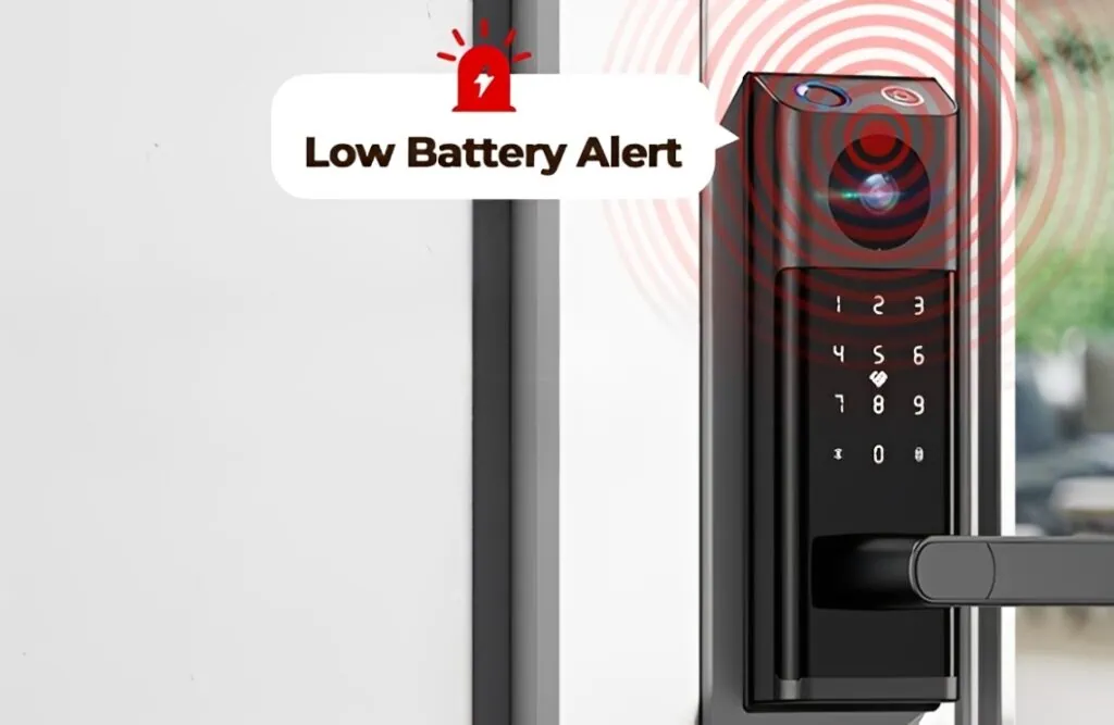 Melhores fechaduras digitais para comprar para sua casa Alerta de bateria fraca na fechadura digital com sensor de segurança e teclado numérico.