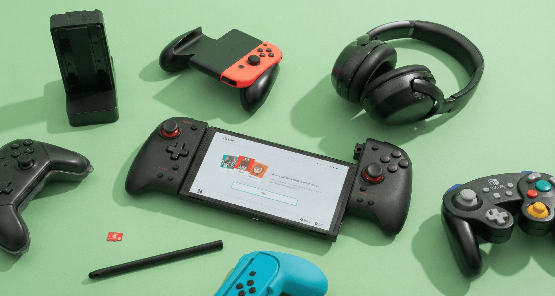 Acessórios essenciais do nintendo switch, incluindo controles, headset e suporte.