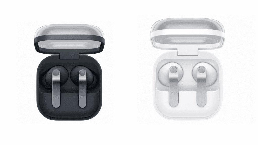 Galaxy buds4 e buds4 pro chegam com novo design e áudio aprimorado Fones galaxy buds4 e buds4 pro em estojo aberto, destacando o novo design e acabamento elegante.