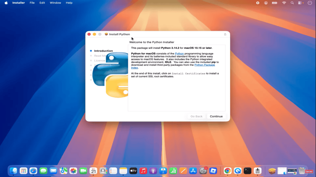 រូបភាពនៃបង្អួចដំឡើង Python នៅលើ macOS ជាមួយនឹងឡូហ្គោ Python និងការណែនាំនៅលើអេក្រង់។