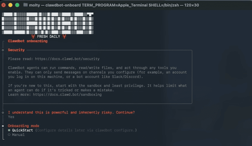 Openclaw: o que é e como criar seu agente autônomo de ia Imagem de configuração do agente clawbot em terminal.