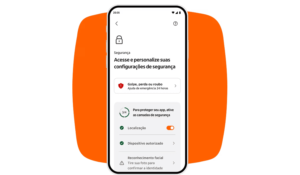 Apps de bancos: como ativar o modo de proteção por localização Tela de configurações de segurança do aplicativo bancário com opção de ativar proteção por localizaç.