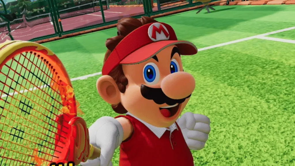 Review: mario tennis fever marca um ace no switch 2 Mario segurando uma raquete de tênis no jogo switch 2.