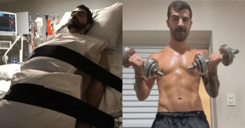 Découvrez tout sur la polylaminine, la substance qui régénère les lésions de la moelle épinière. Patient allongé sur un lit d'hôpital, maintenu par des sangles, dans un environnement clinique. Homme musclé immobilisé.