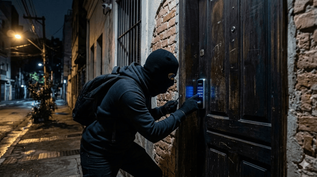 Melhores fechaduras digitais para comprar para sua casa Pessoa usando fechadura digital para abrir porta à noite.