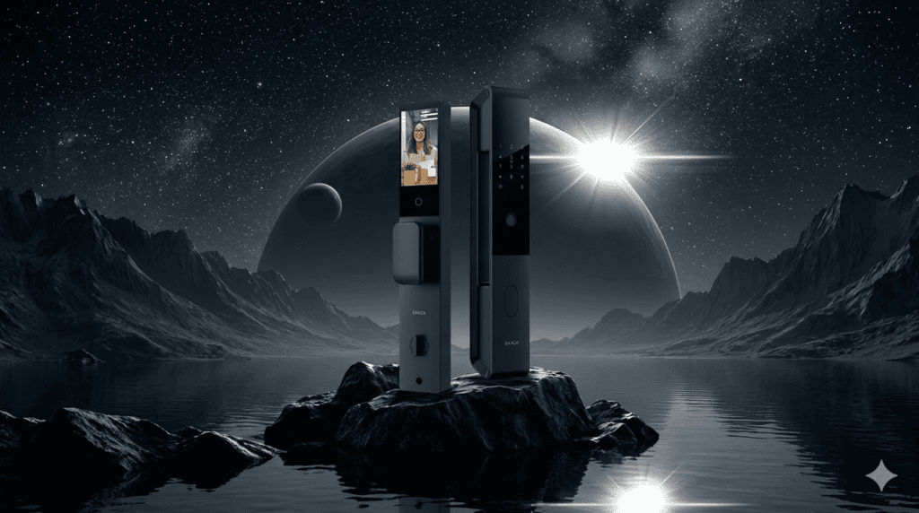 Melhores fechaduras digitais para comprar para sua casa Cadeado digital moderno em ambiente espacial com estrelas e planetas ao fundo.