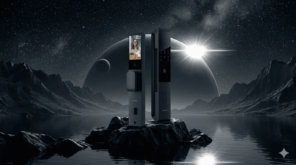 המנעולים הדיגיטליים הטובים ביותר לקנייה לבית שלכם. מנעול דיגיטלי מודרני בתפאורה של חלל עם כוכבים וכוכבי לכת ברקע.