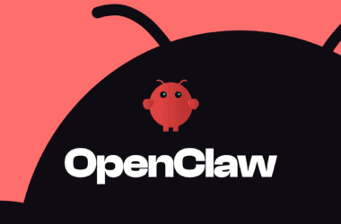 Logo do openclaw com um robô pequeno e fofo em fundo rosa.