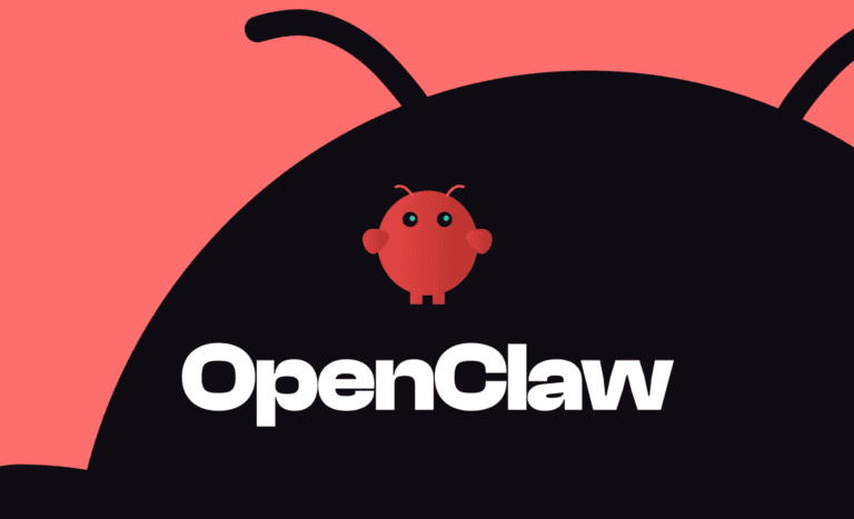 Logo do openclaw com um robô pequeno e fofo em fundo rosa.
