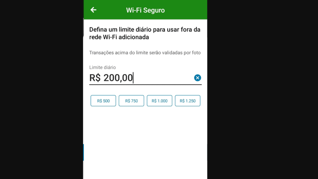 Apps de bancos: como ativar o modo de proteção por localização Tela de configuração de wi-fi com limite diário de r$200,00.