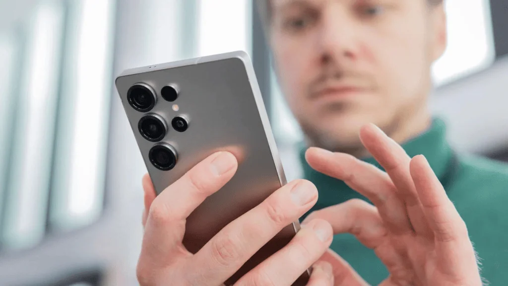 Smartphone galaxy usado vale cada vez mais, afirma samsung Homem segurando smartphone com foco na tela.