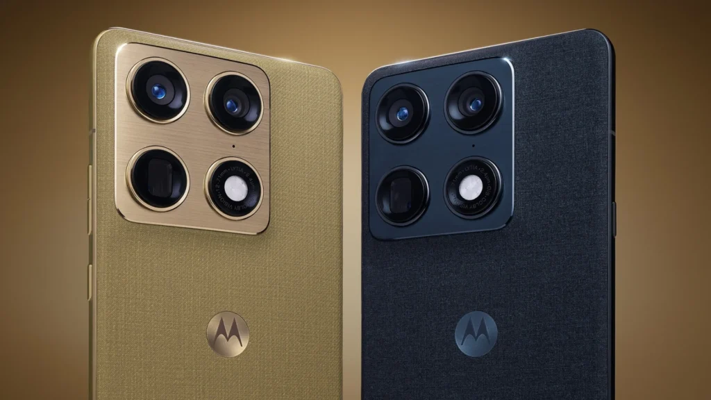 Imagem de dois smartphones motorola signature, um dourado e um preto escuro, com câmeras tripla na pa.