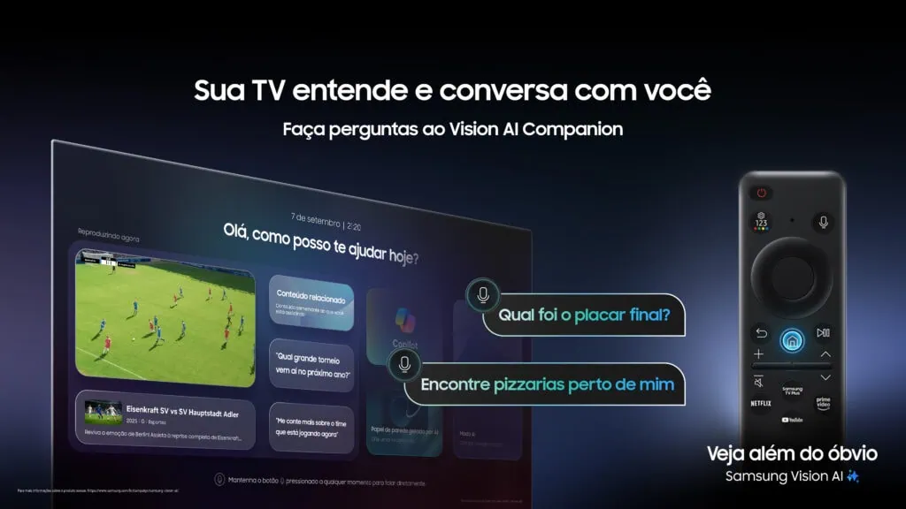 Samsung lança modo estádio para melhores transmissões de futebol em smart tvs Tela de tv com modo estádio ativado para melhor experiência em jogos de futebol.