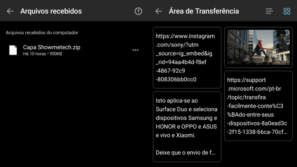 Tela dividida mostrando a área de "arquivos recebidos" (esquerda) e "área de transferência" (direita) do aplicativo mobile vincular ao windows, onde são armazenados as transferências de arquivos e as colagens de conteúdo, respectivamente.