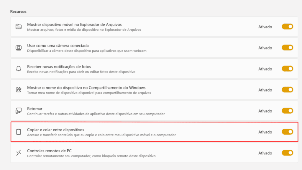 Tela de acionamento do modo "copiar e colar entre dispositivos", que permite transferência imediata entre conteúdos copiados do pc para o celular e vice-versa.