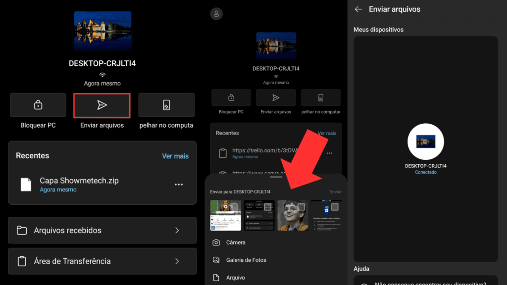 33 trucs et astuces pour améliorer Windows 11 Le processus d'envoi de fichiers d'un téléphone portable vers un PC est illustré en trois étapes principales : cliquer sur le bouton « envoyer le fichier » (à gauche), sélectionner le fichier en question (au centre) et le transfert en cours jusqu'à son terme (à droite).