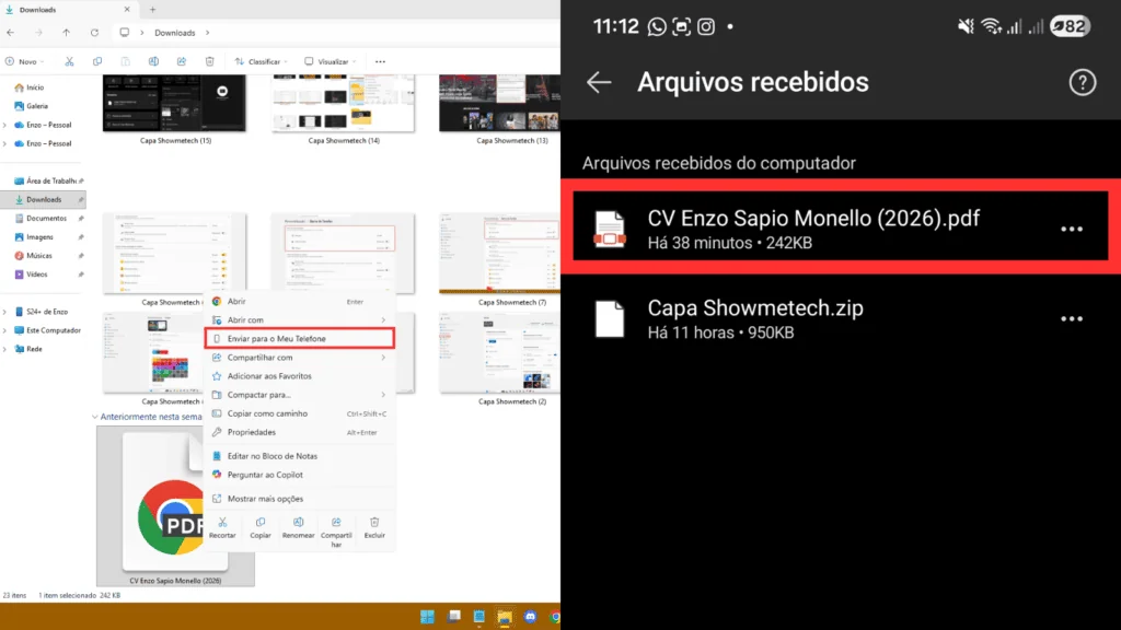 33 trucs et astuces pour améliorer Windows 11 L'écran affiche le PDF sélectionné par un clic droit (à gauche). En sélectionnant l'option « Envoyer sur mon téléphone », une copie du fichier est immédiatement envoyée dans la section « Fichiers reçus » de l'application Lien de Windows (à droite).