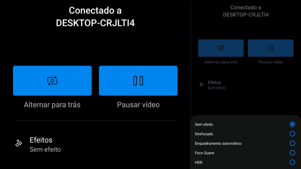 33 trucs et astuces pour améliorer Windows 11 Capture d'écran agrandie du menu de l'application liée à Windows, tel qu'il apparaît après l'activation de la webcam avec l'appareil photo de votre téléphone (à gauche). Ce menu inclut des fonctionnalités permettant de mettre la vidéo en pause instantanément, de changer de caméra et même de générer des effets (à droite).