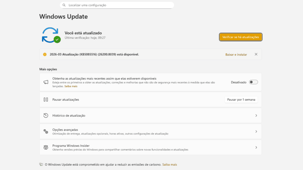 Tela do windows update dentro das configurações do windows 11.