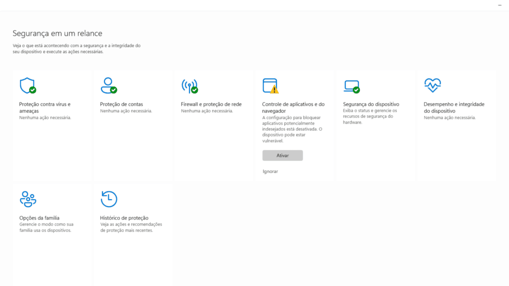 Menu inicial do aplicativo segurança do windows com seus recursos de proteção.