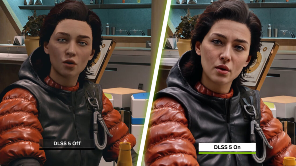 Nvidia lança dlss 5 para dar aos games “qualidade de cinema” Comparativo entre o dlss 5 ativado e desativado na cena do jogo "starfield". (foto: reprodução)