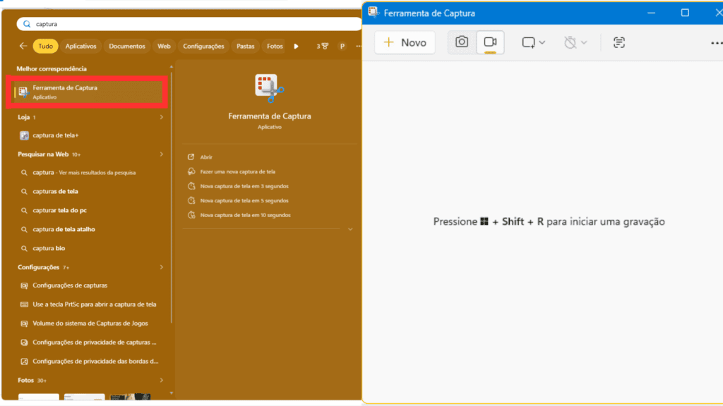 Tela dividida de como achar o software ferramenta de captura no windows 11 (esquerda) e seu menu ao ser clicado (direita).