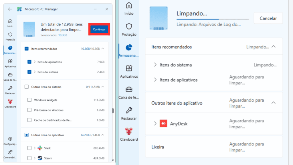 Tela dividida entre o menu de armazenamento do aplicativo microsoft pc manager (esquerda) e o programa de limpeza do computador entrando em ação, após clicar em "continuar" (direita).