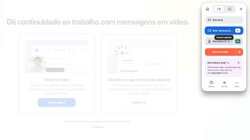 Menu da extensão loom, ao ser clicado, oferecendo serviços de captura de tela e gravação da tela, com microfone e ativamento da webcam, em um único formato de video final.