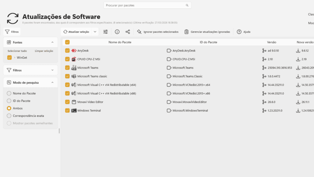 Menu de atualização de software do programa unigetui.
