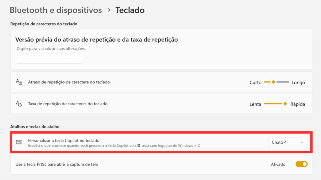 Tela de configuração do chatgpt para o mesmo atalho de acionamento do copilot, em configurações do menu iniciar.