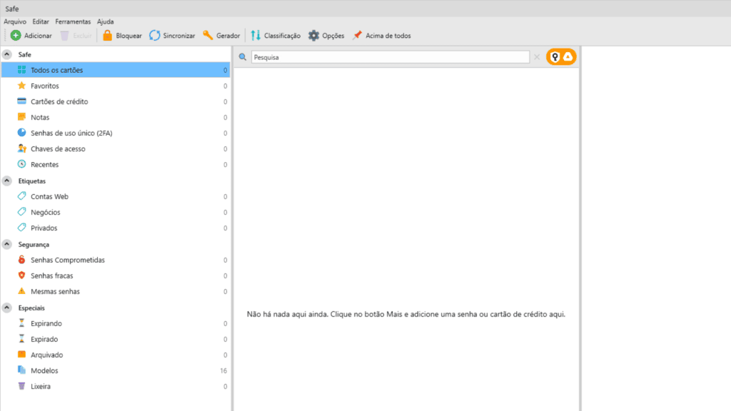 Menu inicial do programa safeincloud.