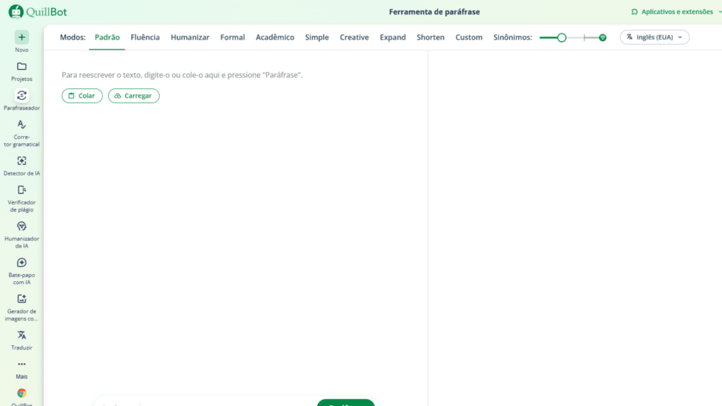 Tela da plataforma quillbot, capaz de reescrever parágrafos de acordo com o tom desejado, detectar escrita feita por ia, correções gerais textuais e mais recursos profissionais.