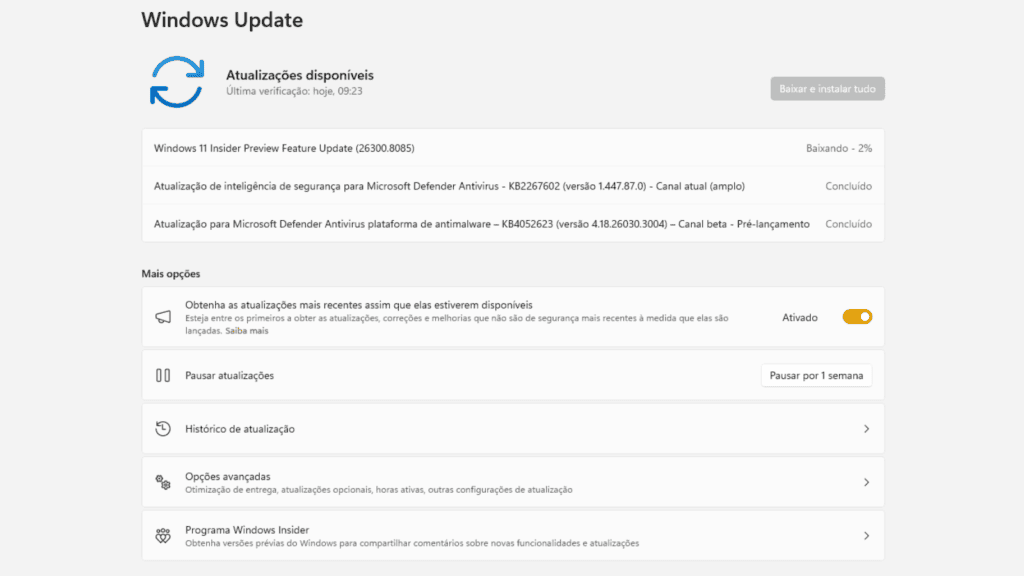 Tela do windows insider sendo baixado no computador, configurando a máquina para receber atualizações beta e de teste de futuros recursos e melhorias do windows.