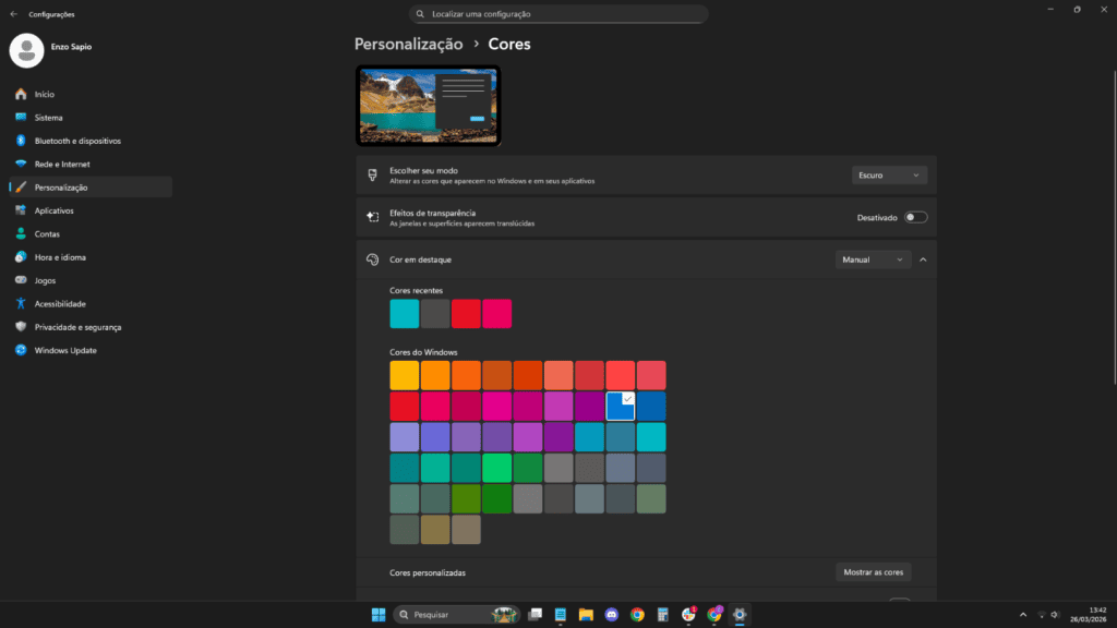 Tela da função modo escuro ativada tal modo deixa as cores do seu windows 11 e aplicativos padrão escuras.