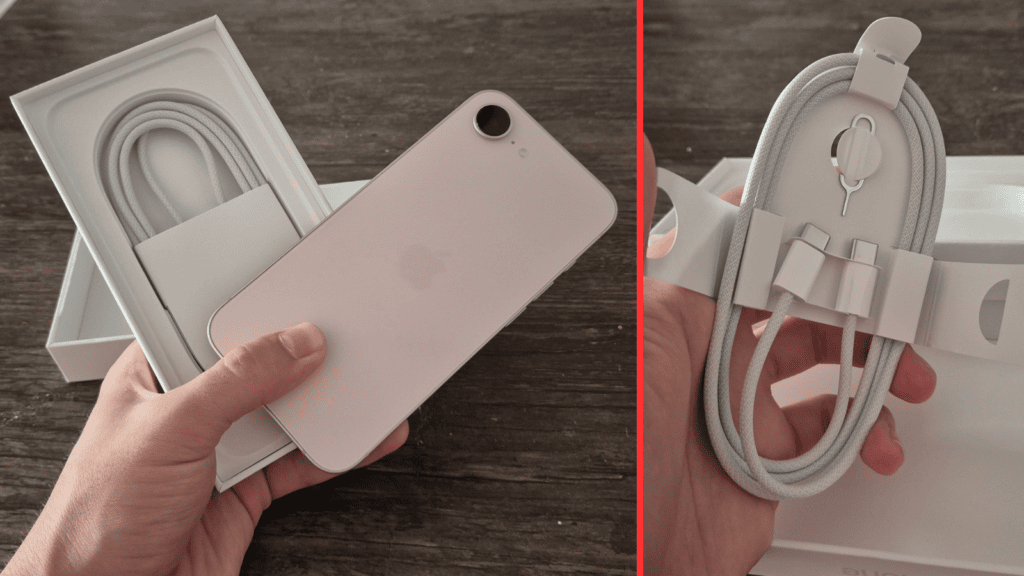 评测:iPhone 17e 兼具价格实惠、创新性和耐用性。 iPhone 17e 包装盒内包含:一根 1 米长的 USB-C 数据线和一个用于弹出双 SIM 卡槽的取卡针。(图片:reproduction/enzo sapio/showmetech)