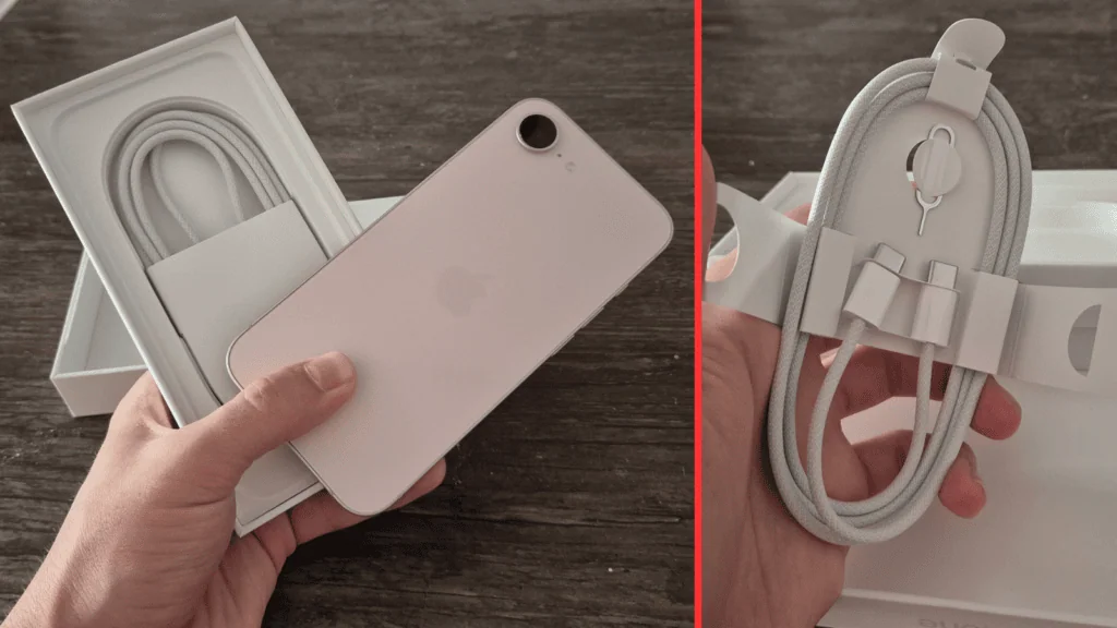 Review: iphone 17e combina economia, inovação e durabilidade Itens que chegam dentro da caixa do iphone 17e, com cabo usb-c de 1 metro de largura e chave de ejeção para compartimento dual sim. (foto: reprodução/enzo sapio/showmetech)