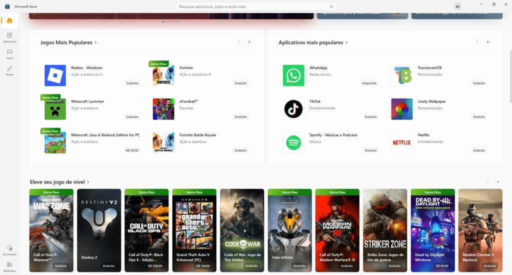 Tela de início quando é aberto o microsoft store, que já vem instalado assim que você inicia o seu windows 11.